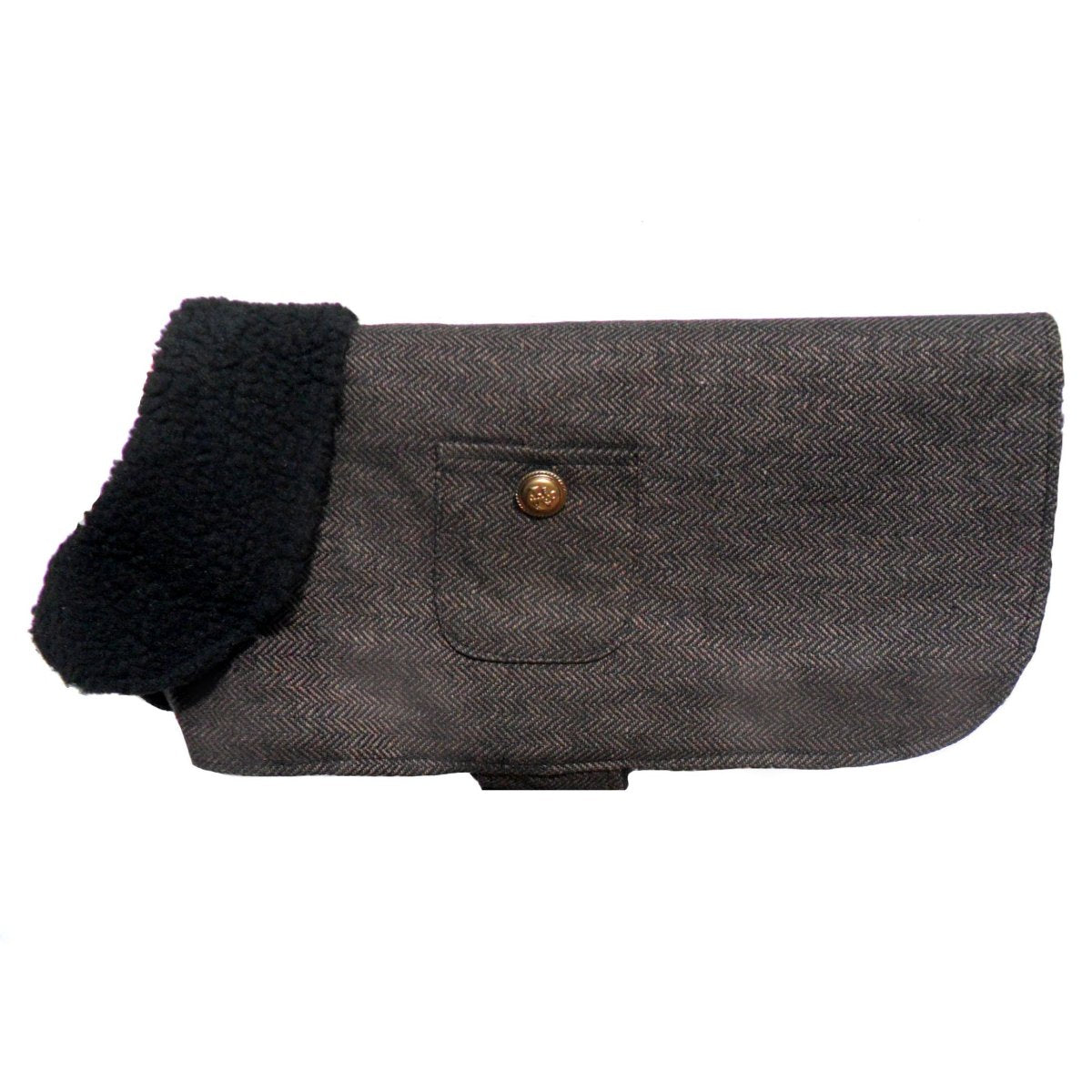 Gray dog coat with black fur trim on a white background