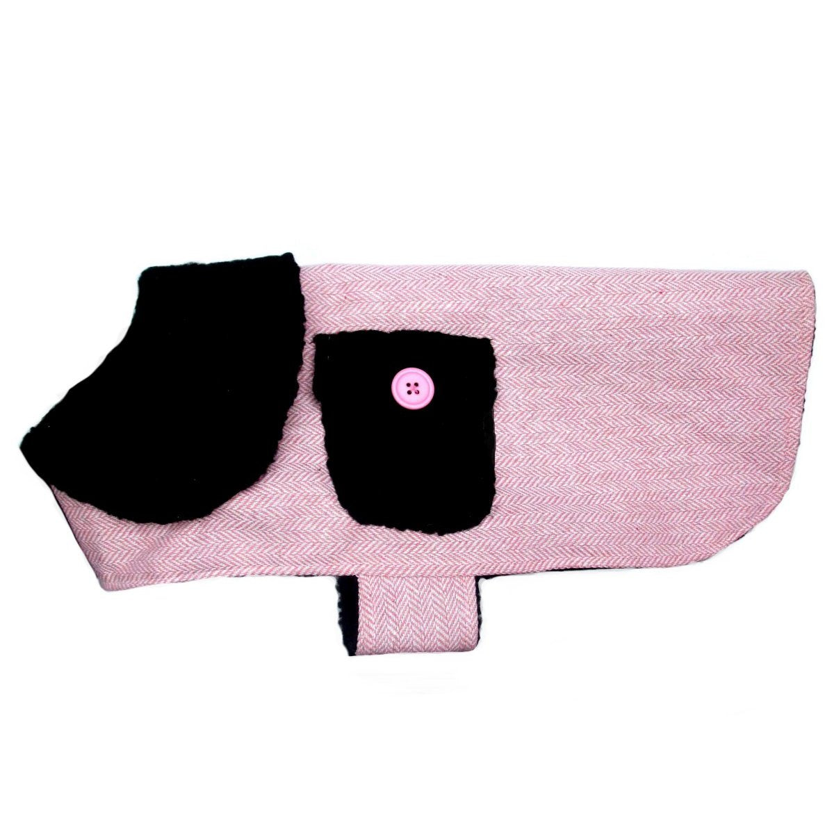 Pink dog coat with black fur trim on a white background