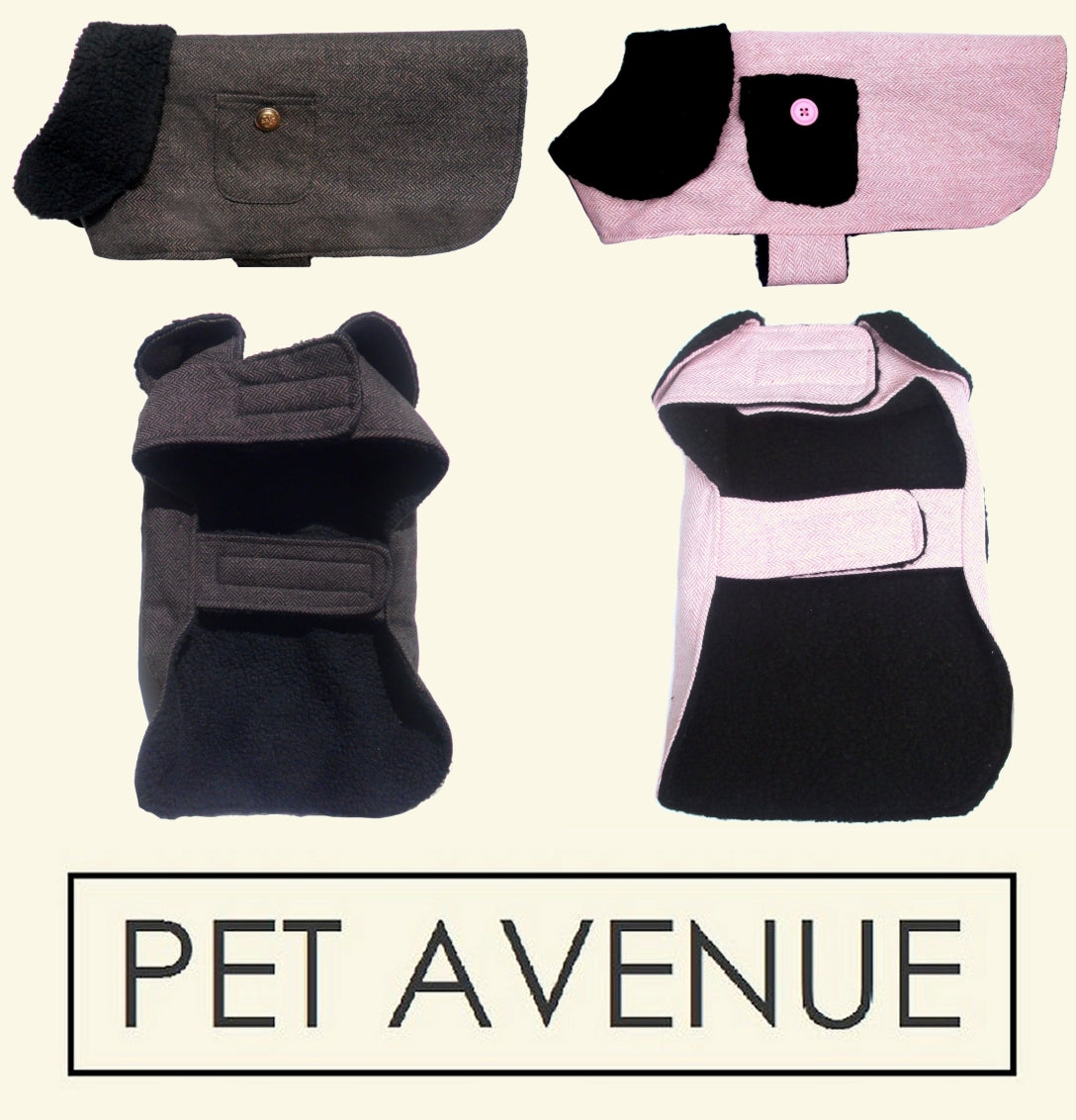 Four pet coats in different colors with 'Pet Avenue' branding on a beige background.