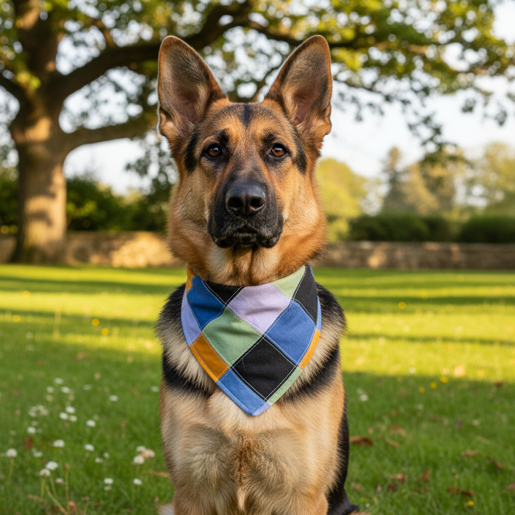 A German Shepherd dog wearing a colorful argyle bandana on a green grassy lawn with trees in the background.
