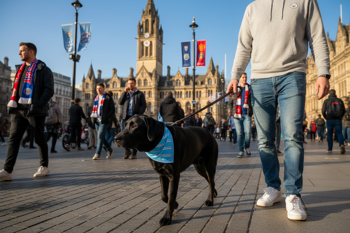 A black dog wearing a blue and white striped bandana walks on a paved Manchseter city square with people around it and a large historic stone building in the background.