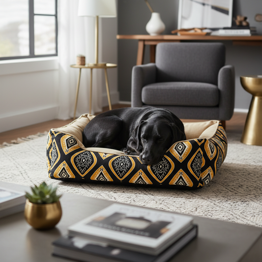A black dog rests inside a patterned rectangular dog bed with a beige cushion, placed on a light rug in a modern living room setting.