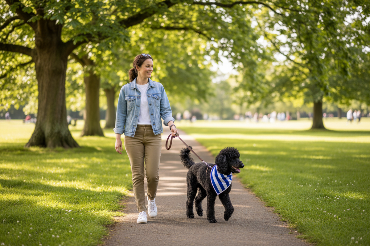 A supporter walks a black poodle on a paved path in Christcurch park. The woman is wearing a light blue denim jacket, white t-shirt, beige pants, and white sneakers, while the dog wears a blue and white striped bandana.