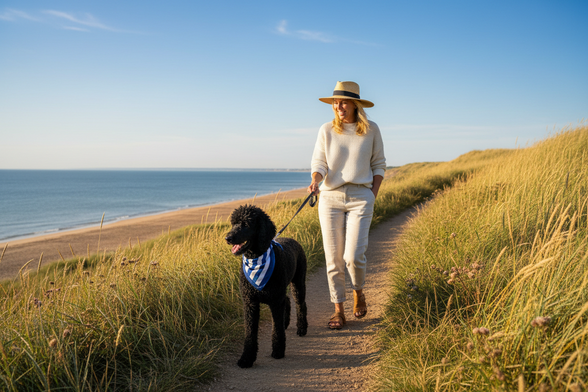 A woman in a straw hat, cream sweater, and white pants walks a Poodle on a path by the ocean, wearing a blue and white striped Ipswich bandana. The scene is set in a sunny, grassy coastal environment.