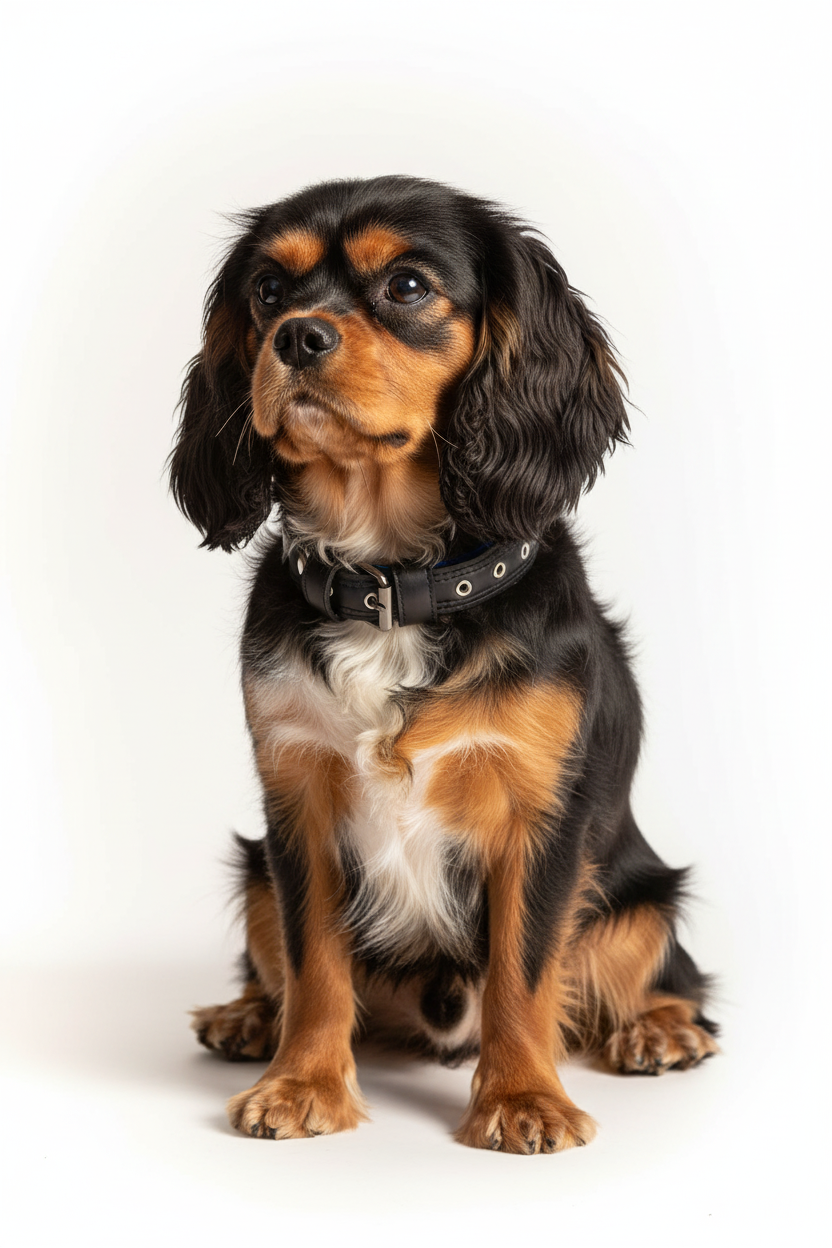 A black, tan, and white Cavalier King Charles Spaniel dog wearing a black collar, sitting on a clean white background.