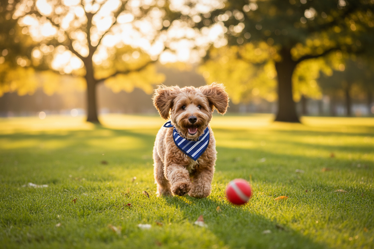 A small fluffy dog running toward the camera on a sunny grassy park lawn, wearing a blue and white striped  Everton bandana and a red ball is visible in the foreground.