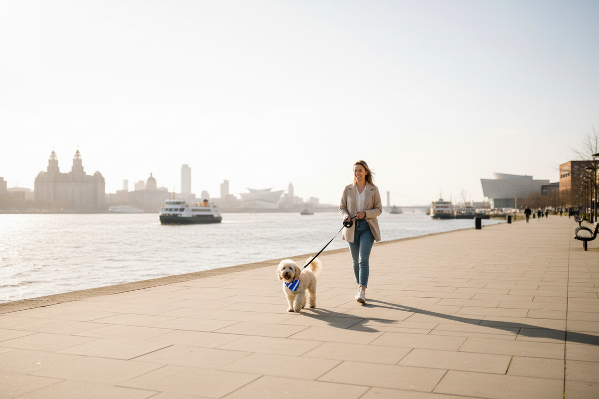 A woman walks a small white dog on a leash along the Mersey waterfront promenade, with water, boats, and the Liverpool skyline in the background.
