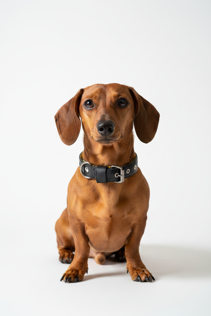 A dachshund wearing a black leather collar with silver hardware, sitting against a seamless white studio background.