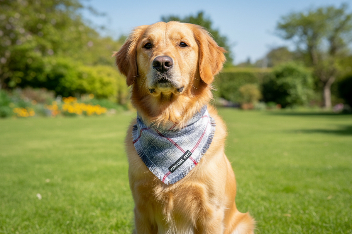 A golden retriever dog sitting on a green lawn outdoors, wearing a blue and white plaid ash bandana with pink stripes and fringe. 
