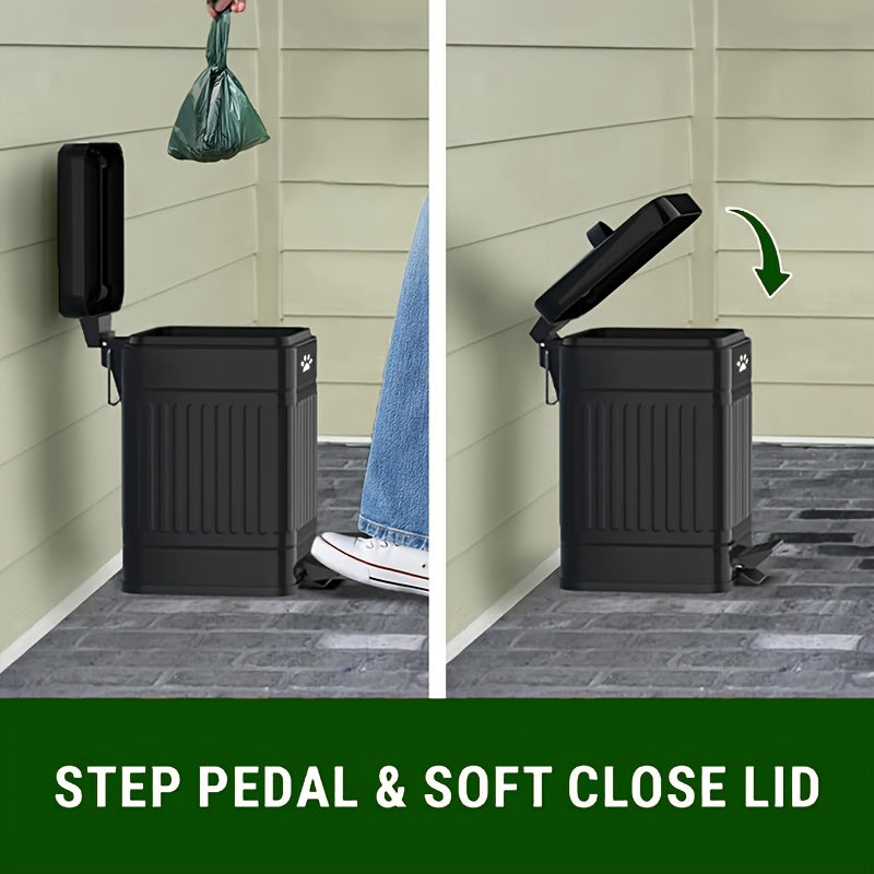 Black outdoor trash can with step pedal and soft close lid feature, shown in two positions.