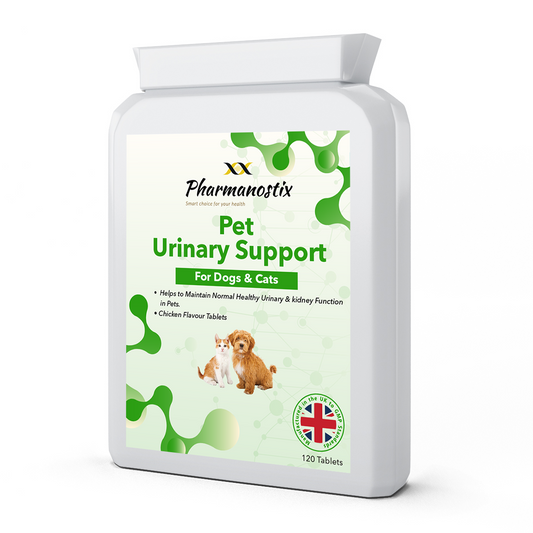 Pet urinary support tablets 120 tablets for dogs and cats on white background
