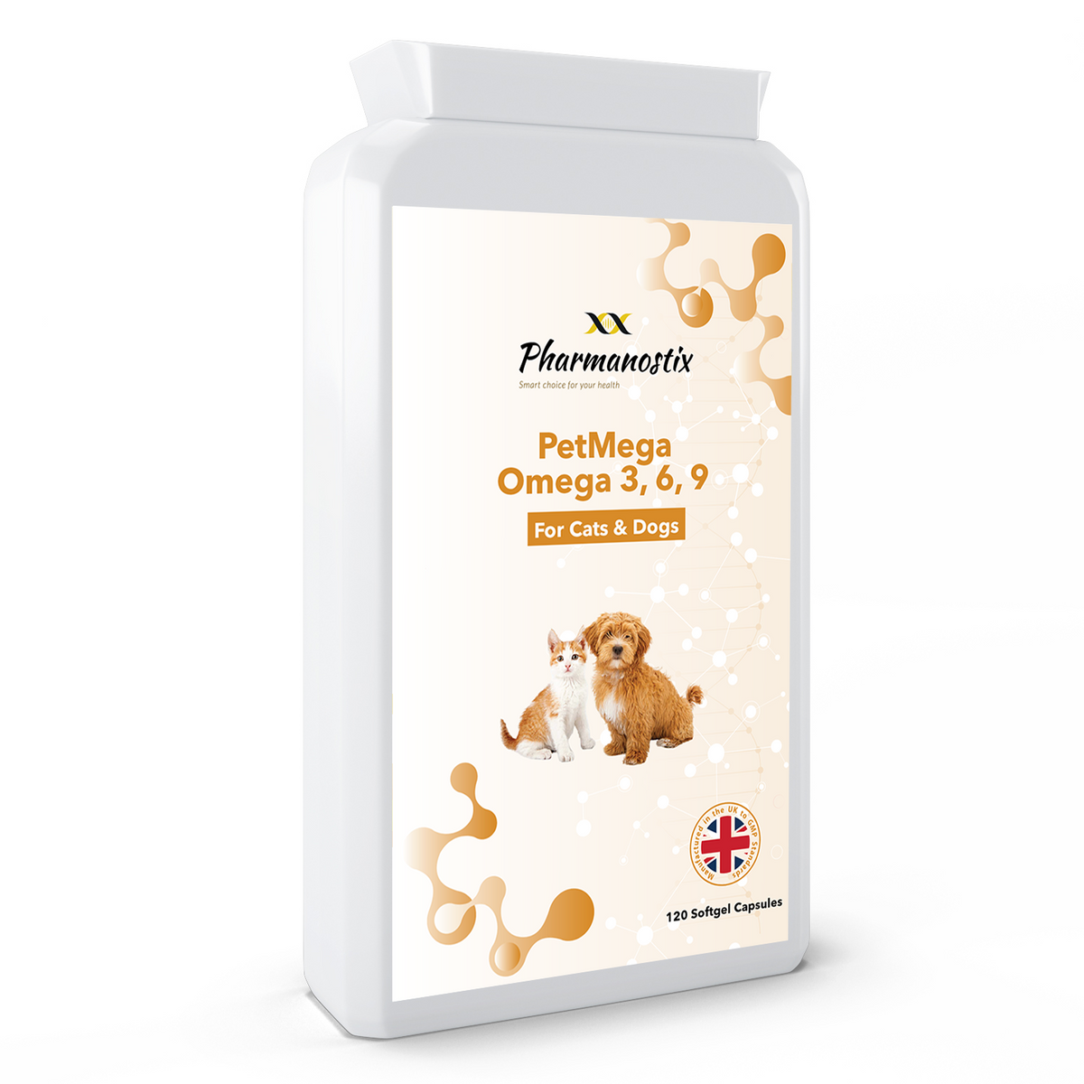 Pharmanostix PetMega Omega 3, 6, 9 supplement container for cats and dogs on a white background