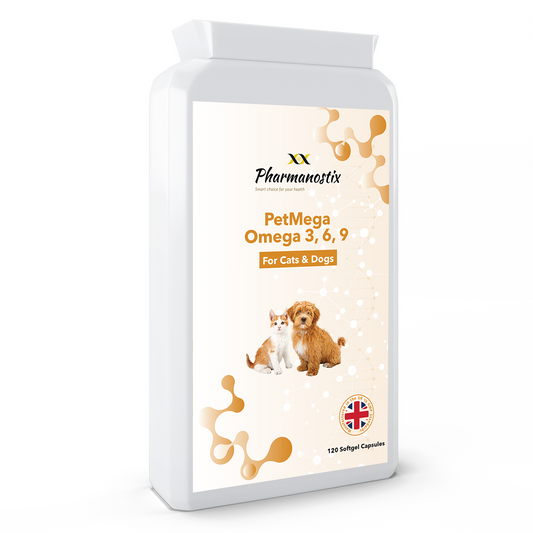 Pharmanostix PetMega Omega 3, 6, 9 supplement container for cats and dogs on a white background