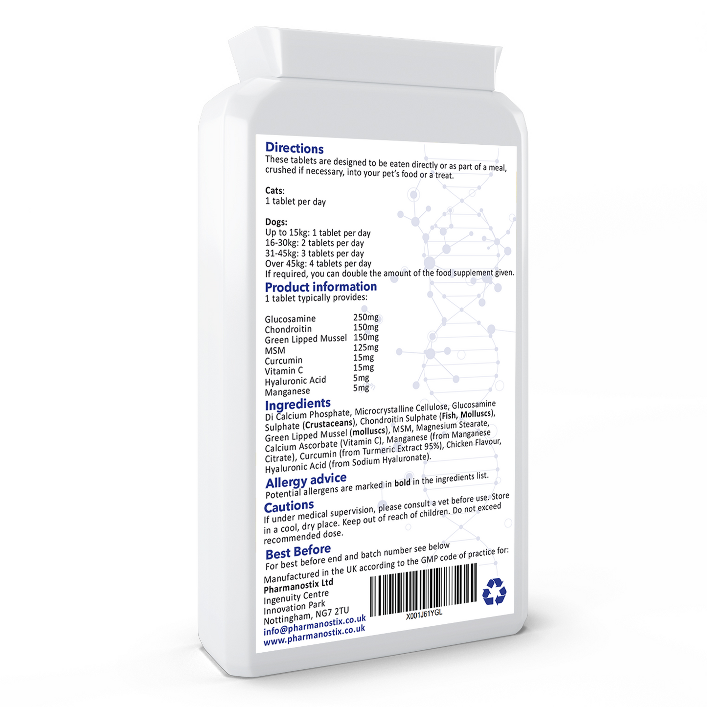 Pet Flex dog joint supplement packaging showing tablet count and key ingredients