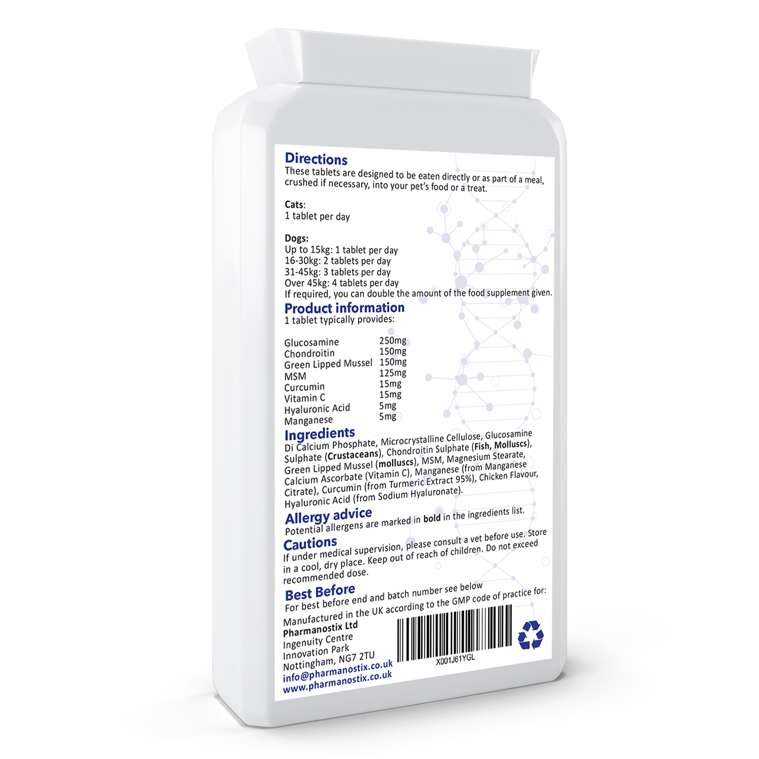 Pet Flex dog joint supplement packaging showing tablet count and key ingredients