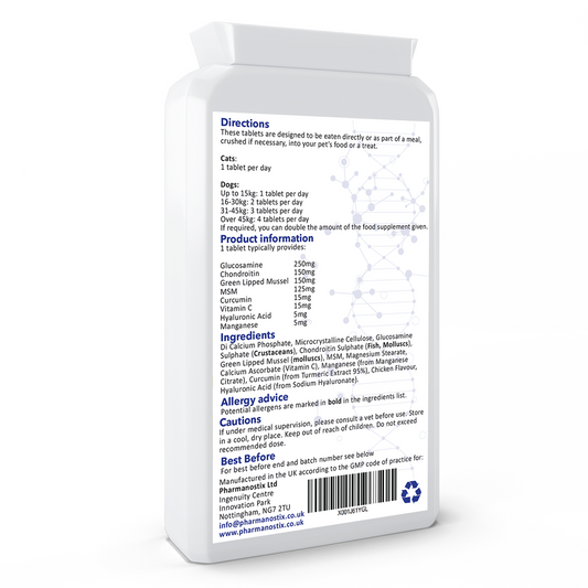 Pet Flex dog joint supplement packaging showing tablet count and key ingredients