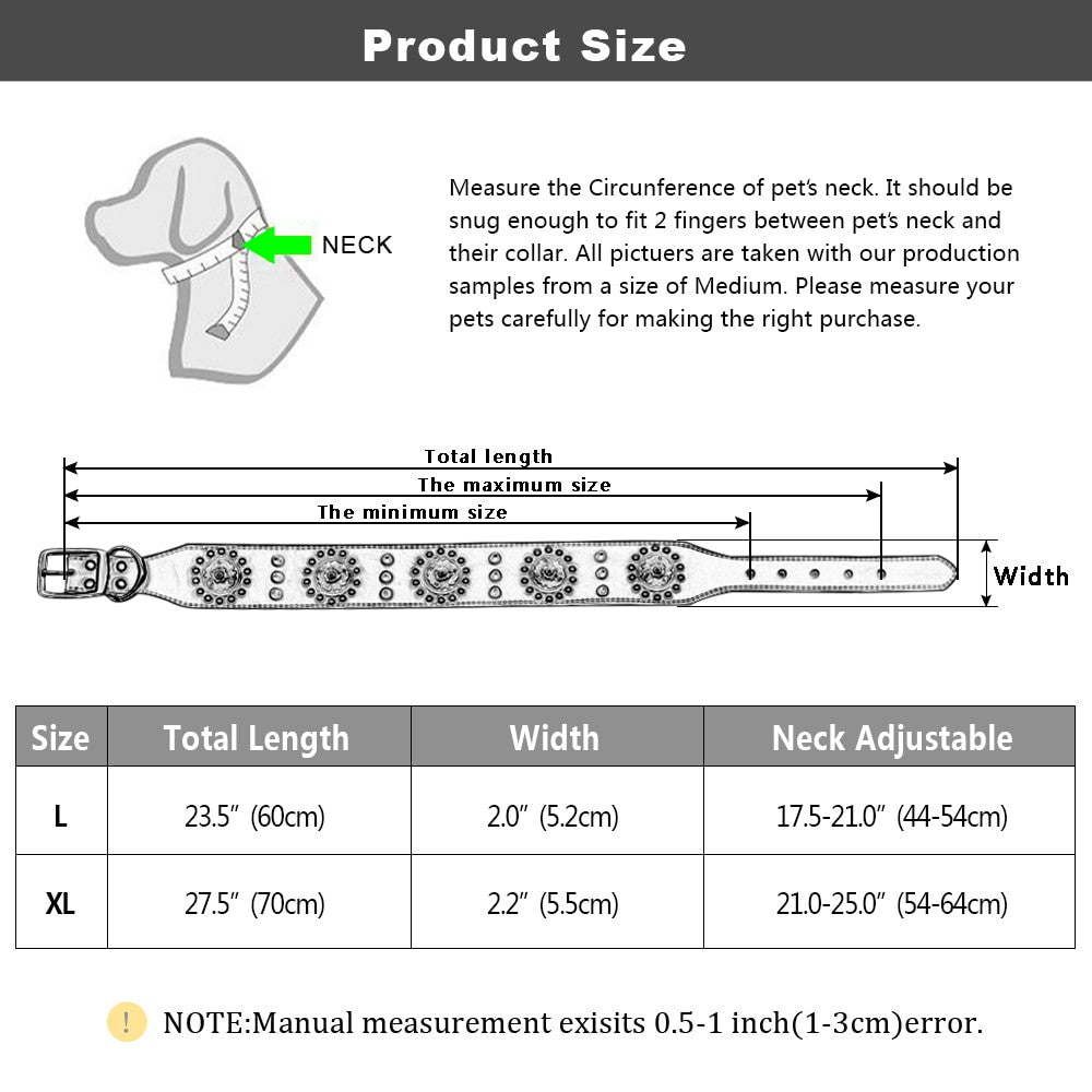 Leather dog collar size guide showing total length width and adjustable neck measurements for large and XL dogs