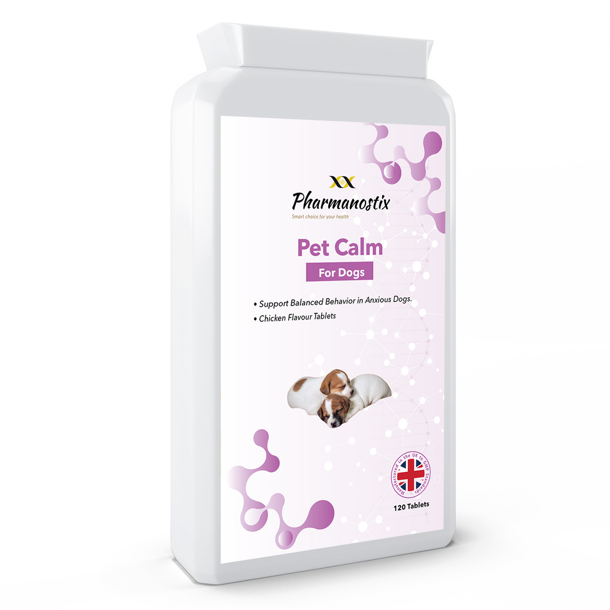 Pet Calm supplement container for dogs by Pharmanostix on a white background