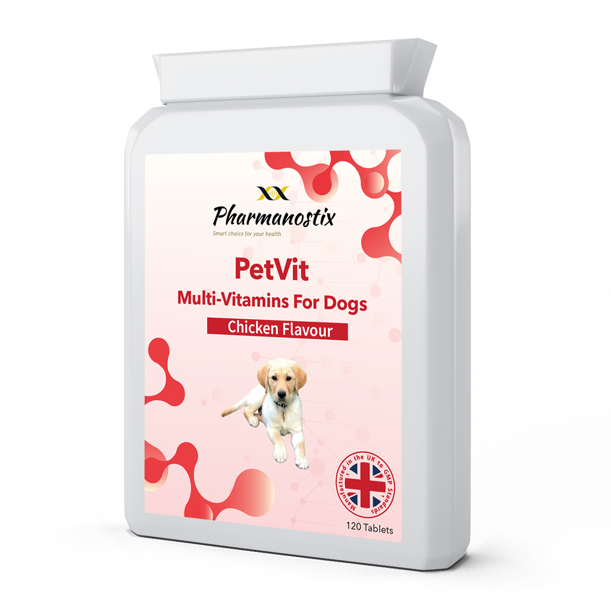 Pharmanostix PetVit multi-vitamins for dogs with chicken flavour on a white background