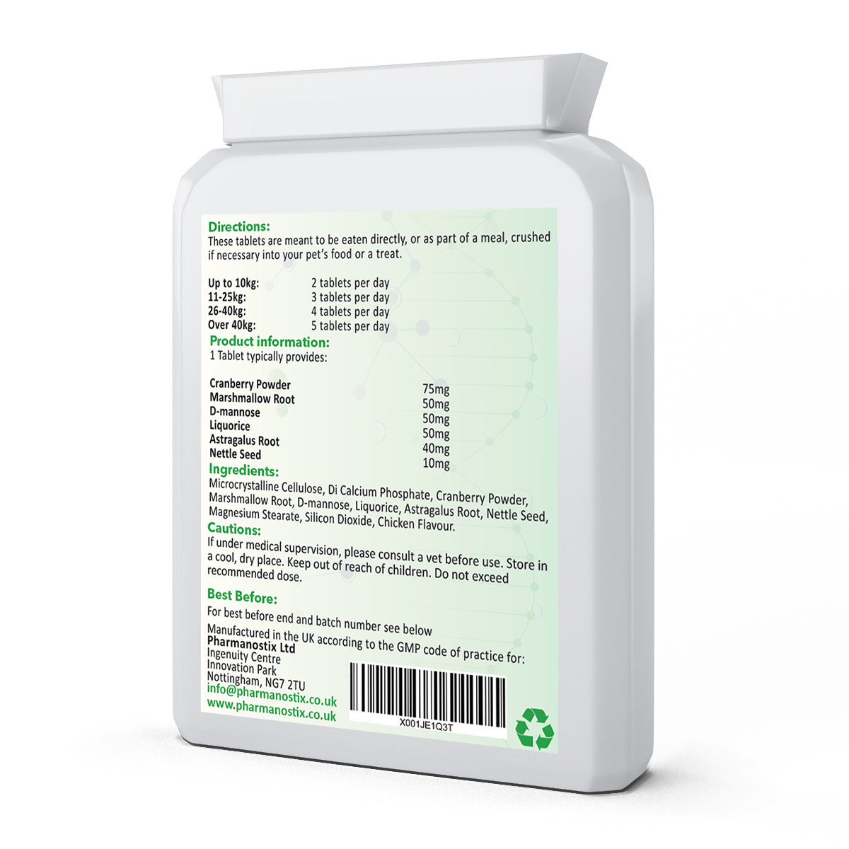Pet urinary support supplement packaging showing tablet count and key ingredients