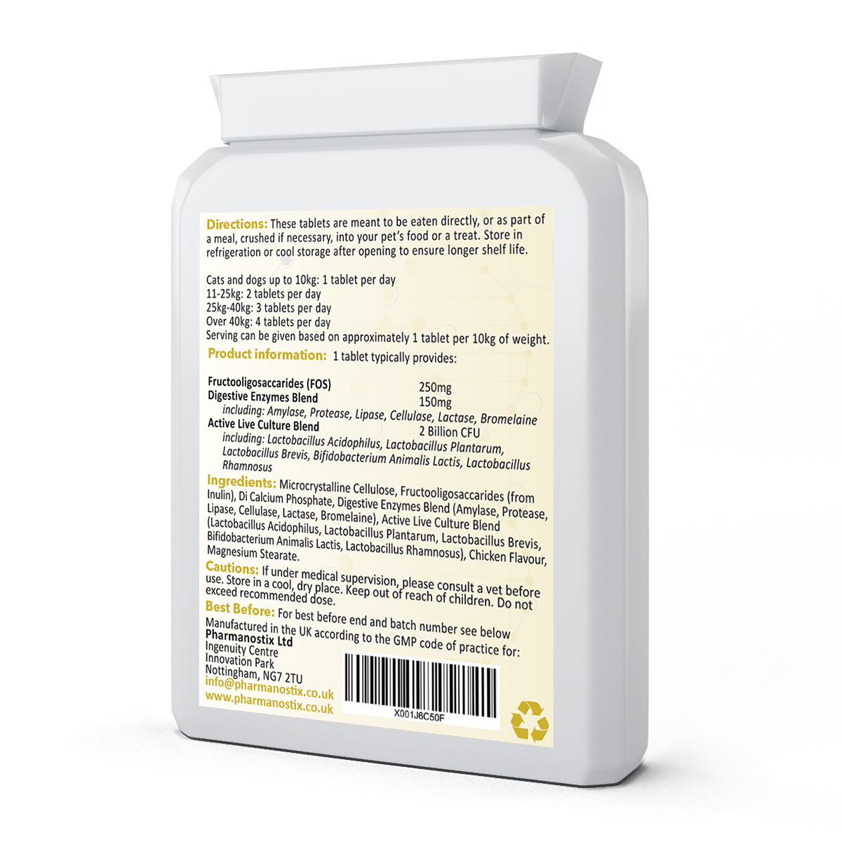 Pet-Flora probiotic supplement packaging showing tablet count and key probiotic strains