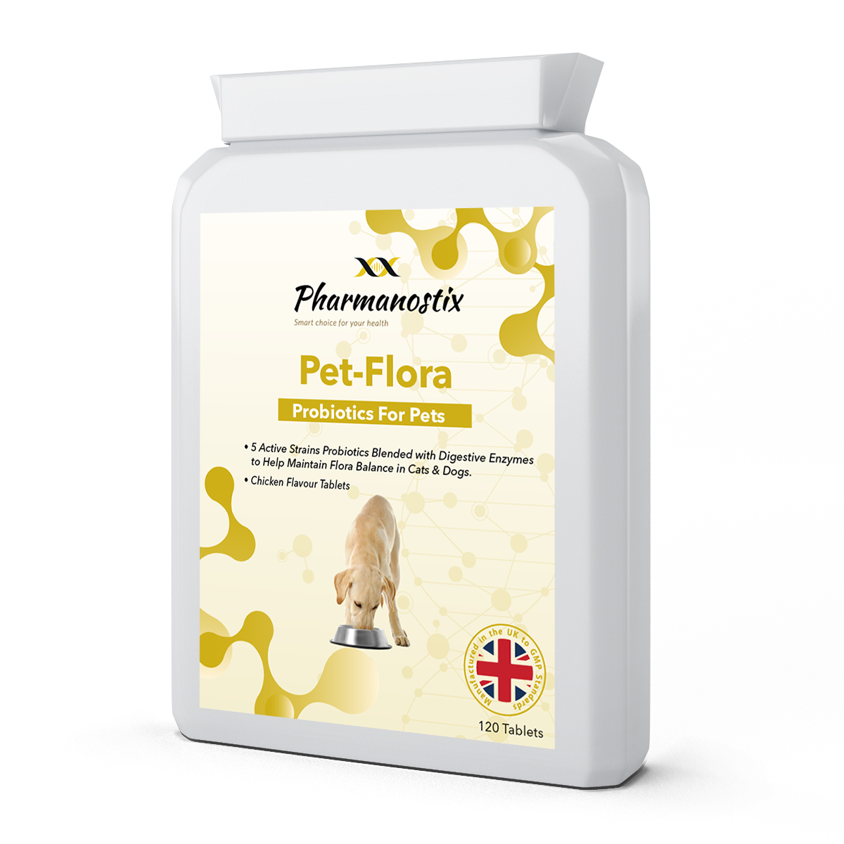 Pharmanostix Pet-Flora probiotics packaging for pets on a white background