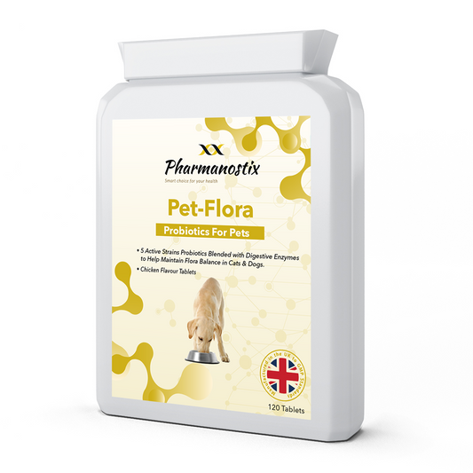 Pharmanostix Pet-Flora probiotics packaging for pets on a white background