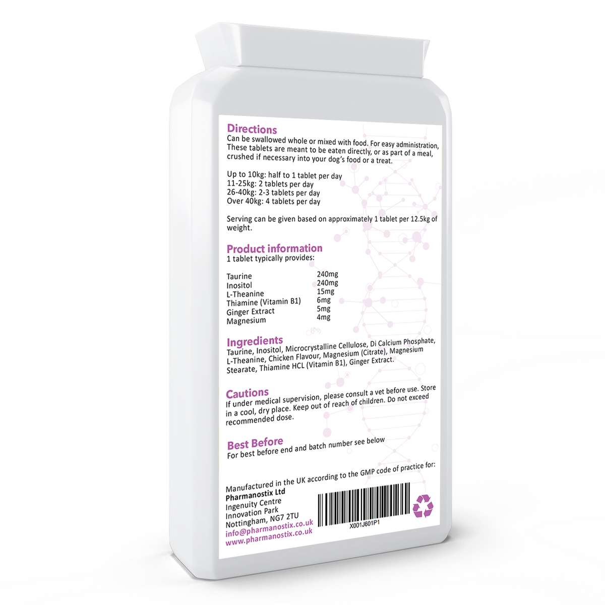 Supplement bottle label with directions, product information, and ingredients on a white background