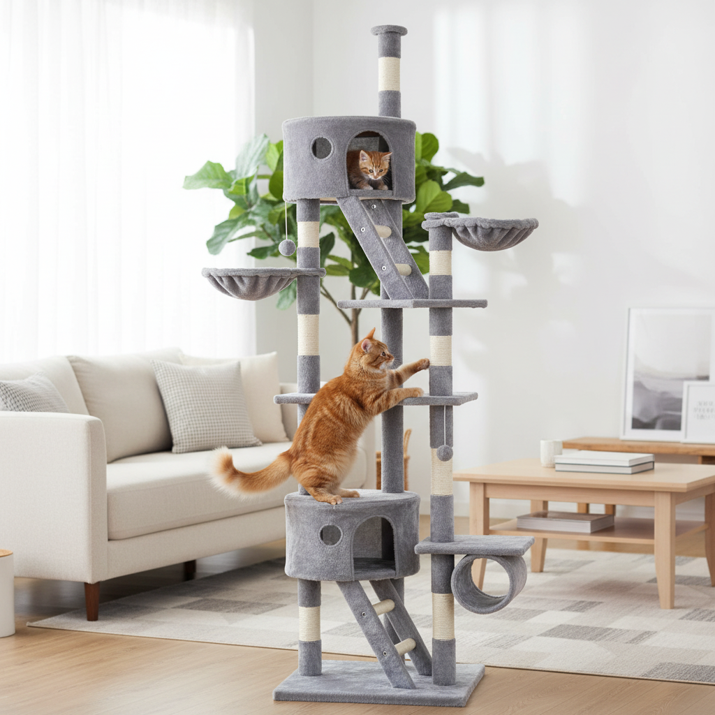 A tall gray and cream cat tree with multiple platforms, climbing poles, and a small enclosed top perch, shown in a bright living room with an orange cat using it.
