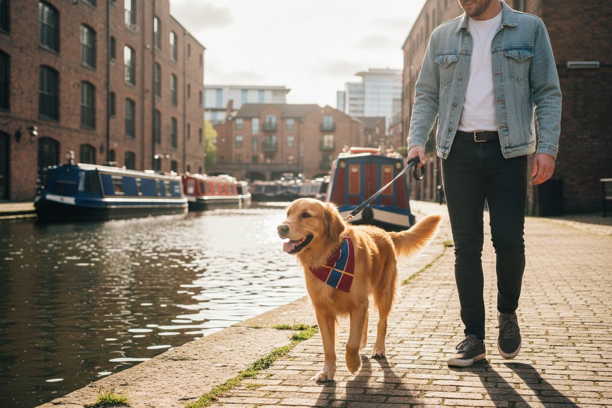 A man in a light blue denim jacket and black pants walks a golden retriever on a canal boardwalk. The dog is wearing a claret and blue striped harness.