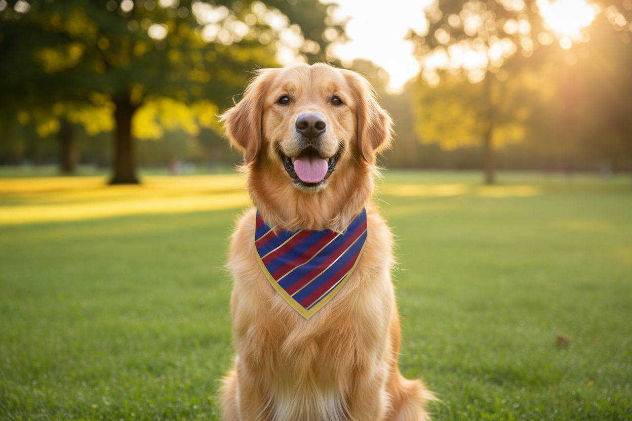 Golden Retriever in Park with Villa Bandana