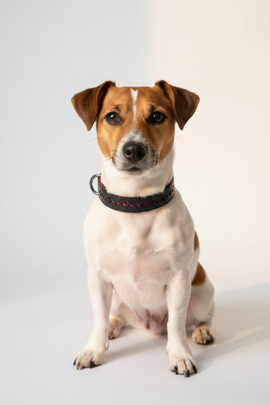 A Jack Russell sitting and looking directly at the camera, wearing a black collar with red stitching, against a clean white studio background.