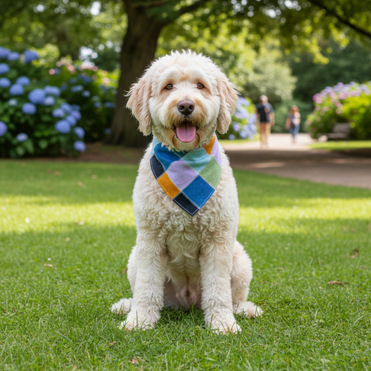 A Labradoodle dog sits on a green lawn wearing a colorful checkered bandana, with a blurred park background featuring trees, flowers, and distant people.