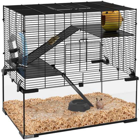 3 Tiers Hamster Cage w/ Deep Glass Bottom, Dish, Hut, 60 x 40 x 57cm - Nexus Pet Care