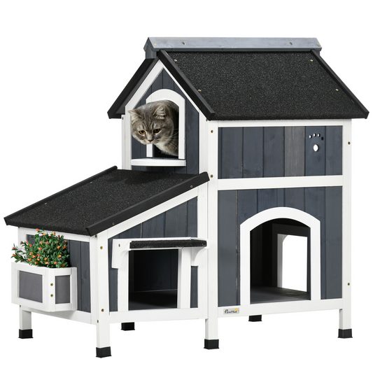 PawHut�Wooden�Cat�House�Outdoor w/ Flower Pot,�Window, Multiple�Entrances - Nexus Pet Care