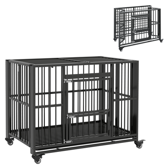 PawHut 43" Foldable Heavy Duty Dog Crate with Locks, Removable Tray, Wheels - Nexus Pet Care