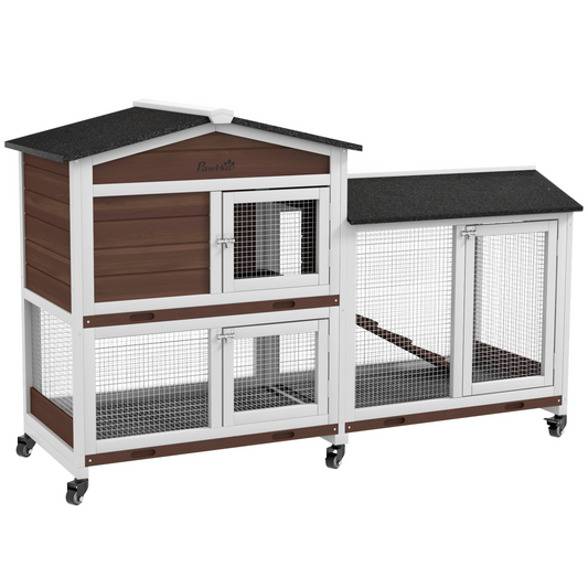PawHut Wooden Rabbit Hutch Guinea Pig Cage w/ Wheels, Run, Ramp, Brown - Nexus Pet Care