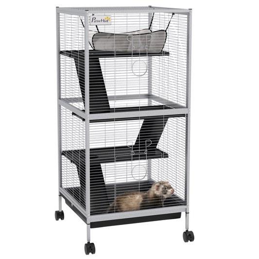 PawHut Rolling Small Animal Cage for Chinchillas Ferrets Kittens W/ Ramp Grey - Nexus Pet Care