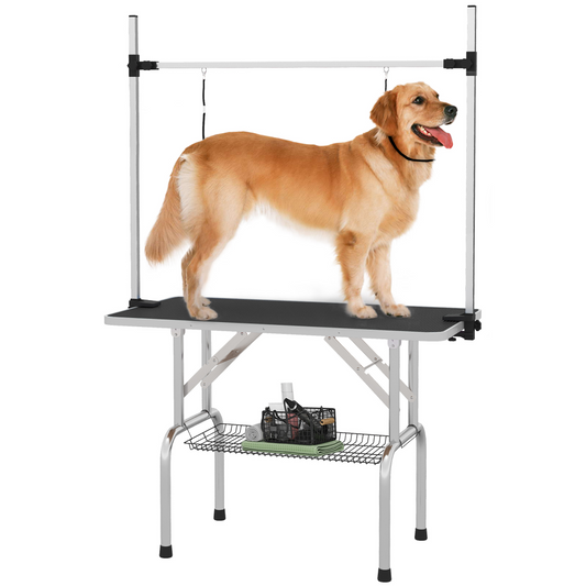 Dog Grooming Table Metal Adjustable Rubber Top 2 Safety Slings Mesh Black - Nexus Pet Care