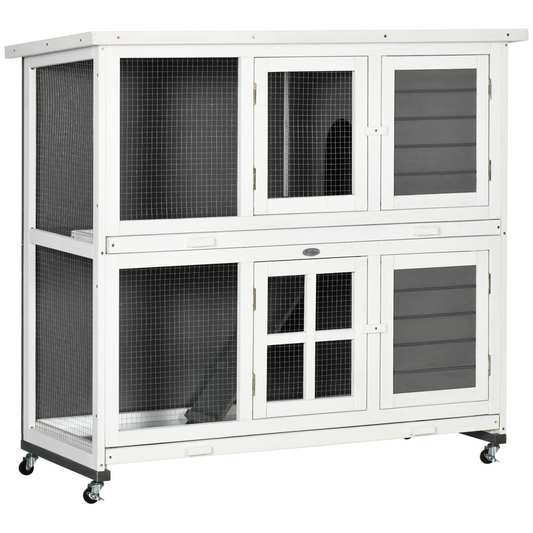 PawHut Wooden Rabbit Hutch, Small Animal House w/ Wheels, Removable Tray - Grey - Nexus Pet Care