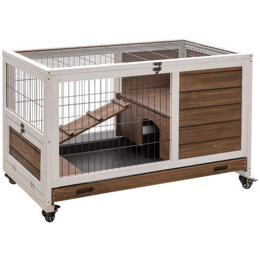 PawHut Wood Indoor Rabbit Hutch Elevated 2-Floor Guineas Pigs Cage w/ Wheels and with openable Roof - Nexus Pet Care