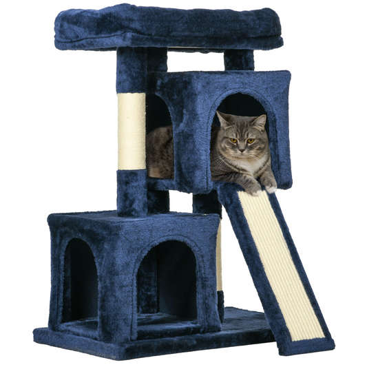 PawHut Cat Rest & Play Activity Tree w/ 2 House Perch Scratching Post Navy Blue - Nexus Pet Care