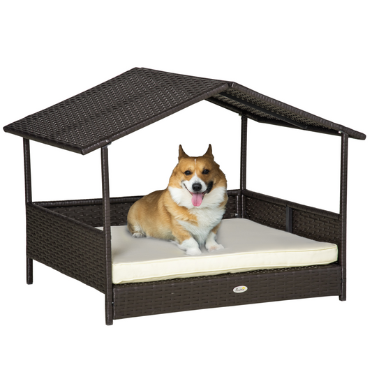 PawHut Wicker Dog House, Rattan Pet Bed with Soft Cushion, Cat Basket - Cream - Nexus Pet Care
