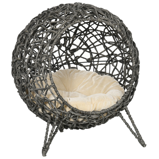 Rattan Elevated Cat House Kitten Basket Pet Bed w/ Cushion - Silver-Tone, Grey - Nexus Pet Care