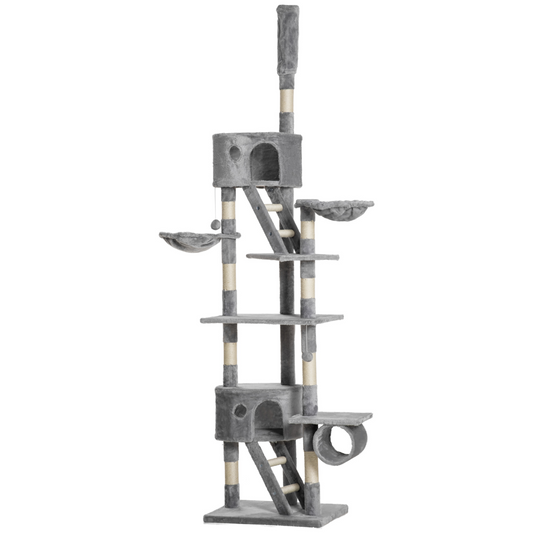 PawHut 240-260cm Floor to Ceiling Cat Tree with Scratching Posts - Light Grey - Nexus Pet Care