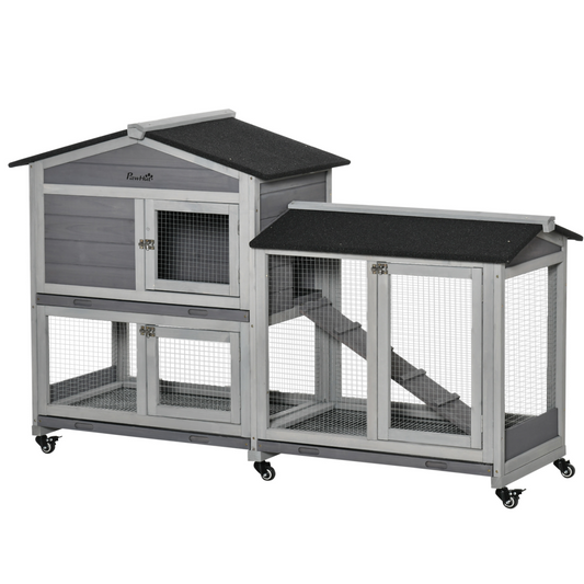 Wooden Rabbit Hutch, Guinea Pig Cage w/ Wheels, Slide-Out Tray, Ramp Light Grey - Nexus Pet Care