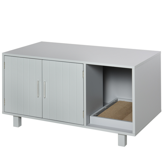 Indoor Feline Cat Box Furniture Kitty Table w/ Scratch & Magnetic Doors, Grey - Nexus Pet Care
