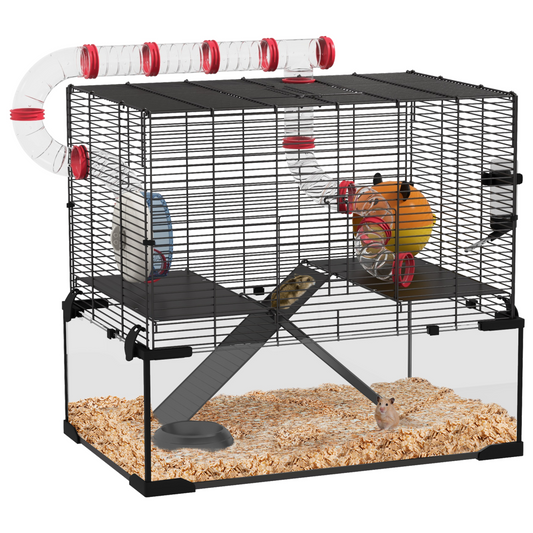 PawHut Hamster Cage w/ Tubes, Ramps, Platforms, Hut, 60 x 40 x 57cm - Nexus Pet Care