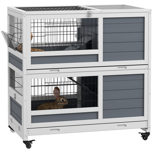 PawHut Double Deckers Indoor Rabbit Hutch w/ Feeding Trough, Slide-Out Trays - Nexus Pet Care