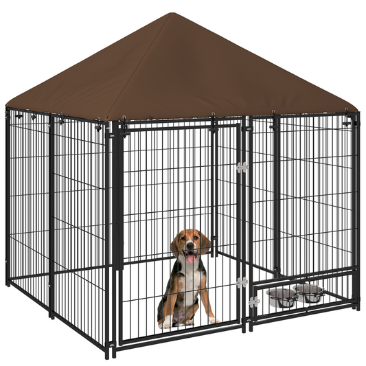Outdoor Dog House Kennel with Canopy Top & Secure Lock Rotating Bowl Holder - Nexus Pet Care